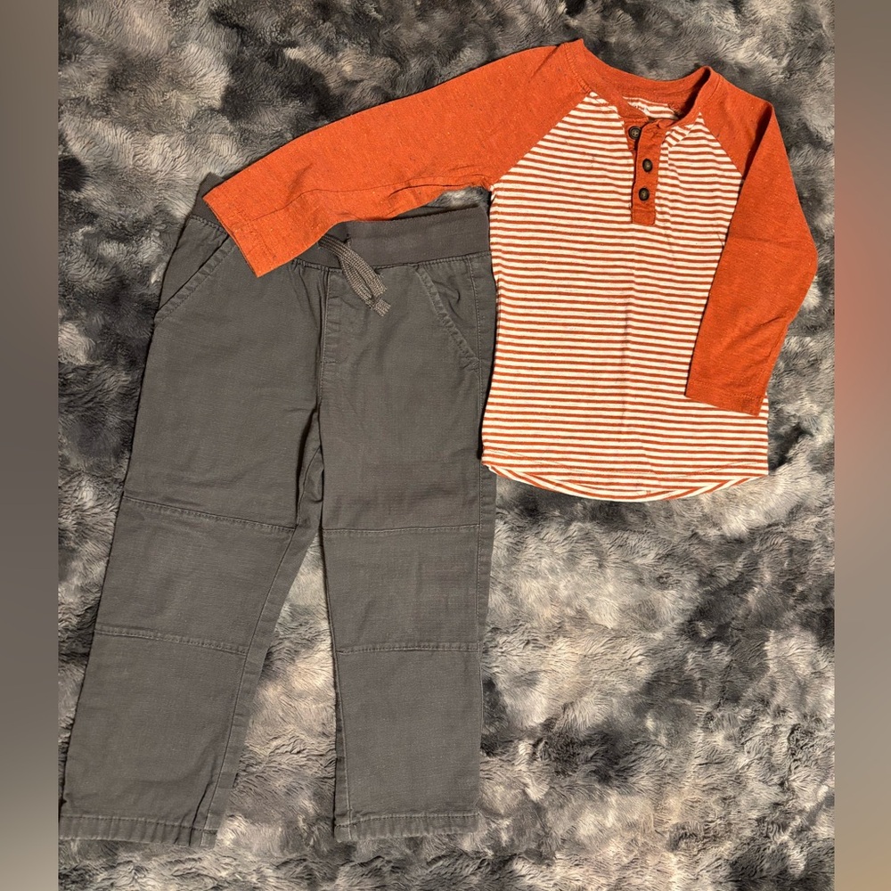 Orange striped long-sleeved henley shirt and grey drawstring chinos size 3T